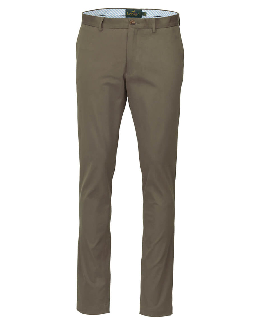 Khaki Coloured Laksen Lumley Chino Trousers On A White Background #colour_khaki