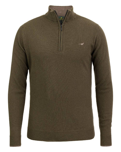 Olive Coloured Laksen Brompton Zip Neck Sweater on white background #colour_olive