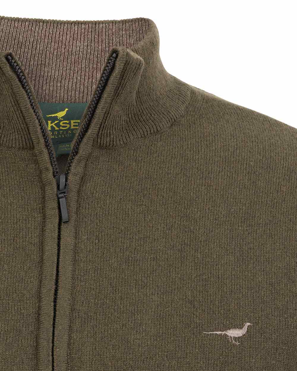 Olive Coloured Laksen Brompton Zip Neck Sweater on white background #colour_olive