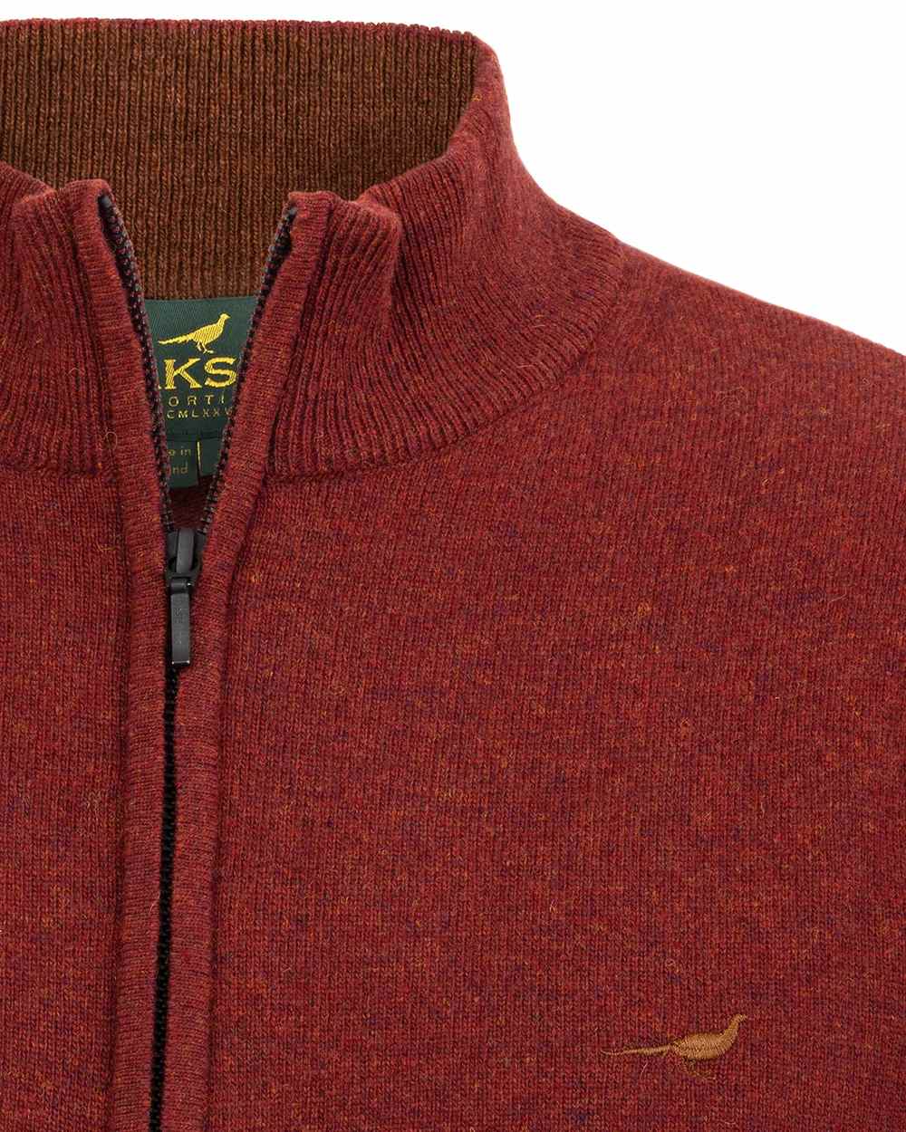 Rusty Coloured Laksen Brompton Zip Neck Sweater on white background #colour_rusty