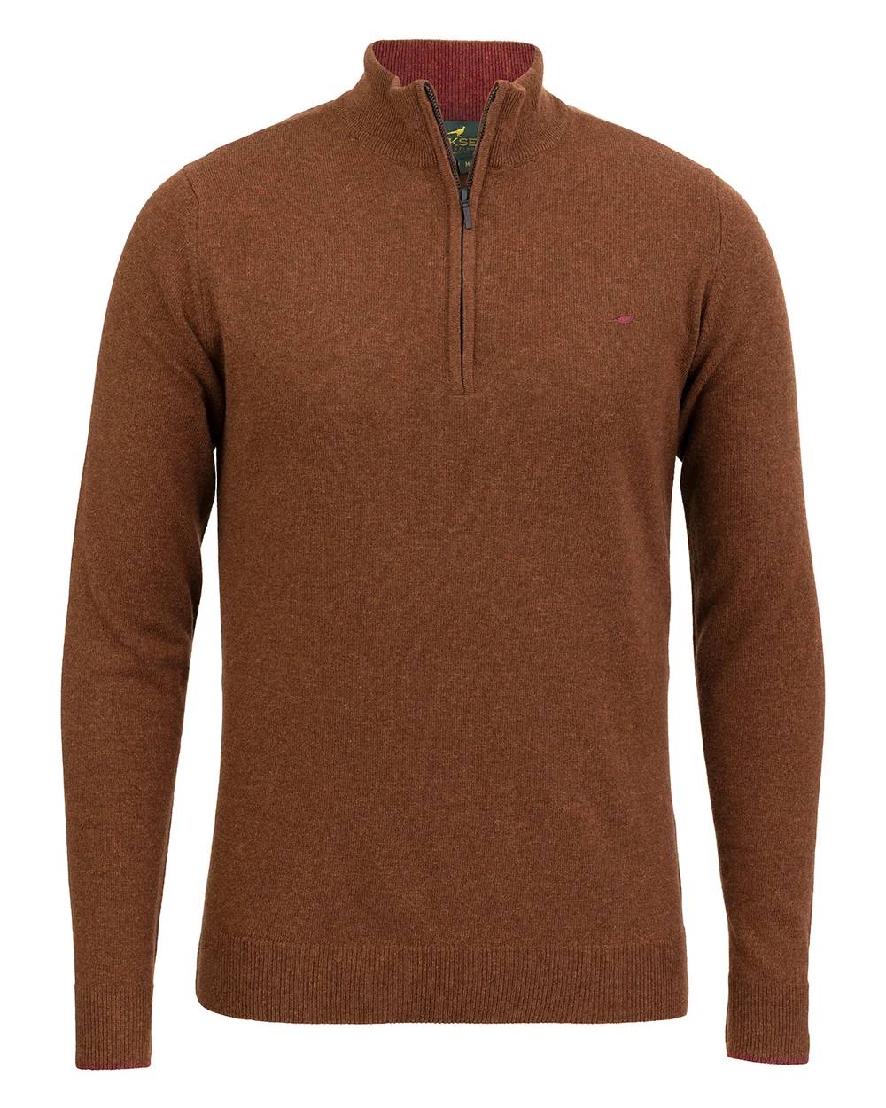Toffee Coloured Laksen Brompton Zip Neck Sweater on white background #colour_toffee