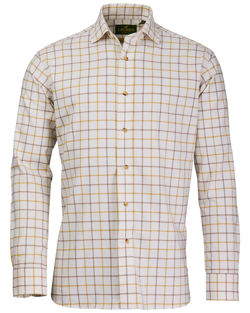Gorse Camel Coloured Laksen Mens Edgar Brushed Organic Cotton Shirt on white background #colour_gorse-camel