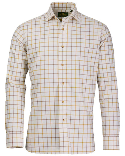 Gorse Camel Coloured Laksen Mens Edgar Brushed Organic Cotton Shirt on white background #colour_gorse-camel