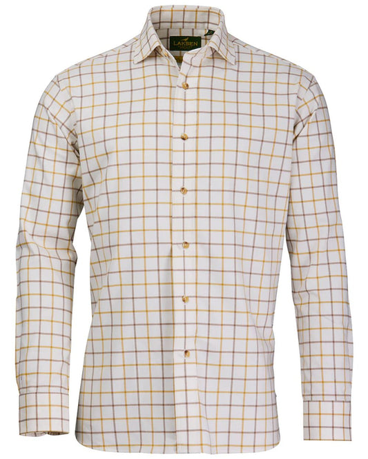 Gorse Camel Coloured Laksen Mens Edgar Brushed Organic Cotton Shirt on white background #colour_gorse-camel