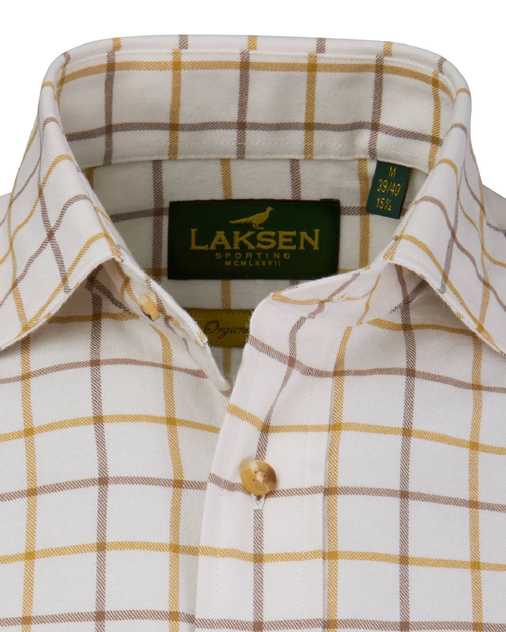 Gorse Camel Coloured Laksen Mens Edgar Brushed Organic Cotton Shirt on white background #colour_gorse-camel