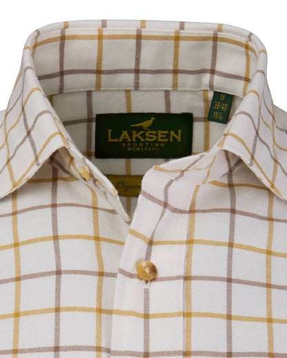 Gorse Camel Coloured Laksen Mens Edgar Brushed Organic Cotton Shirt on white background #colour_gorse-camel