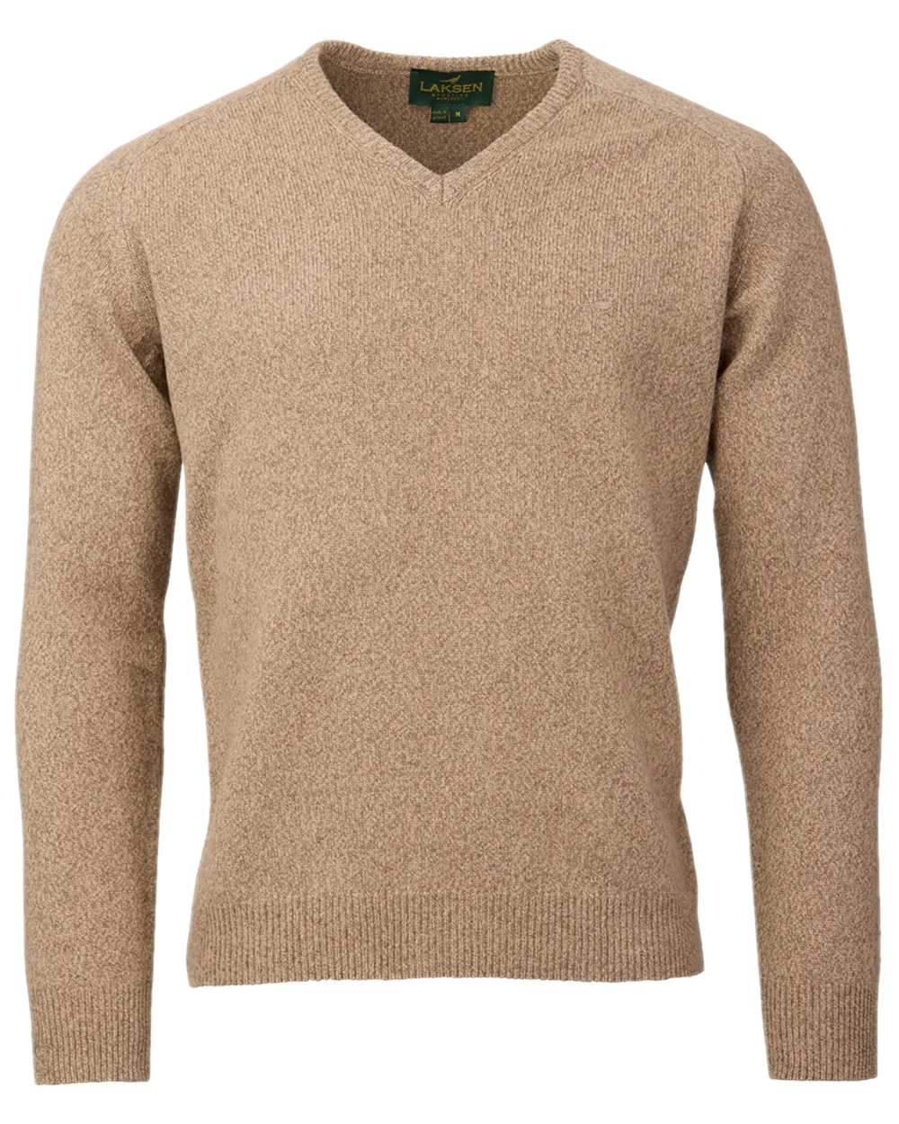 Camel Coloured Laksen Mens Trent V-Neck Lambswool Sweater on white background #colour_camel