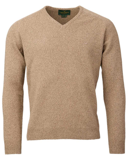 Camel Coloured Laksen Mens Trent V-Neck Lambswool Sweater on white background #colour_camel