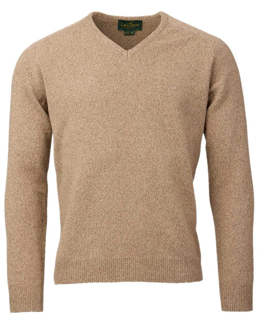 Camel Coloured Laksen Mens Trent V-Neck Lambswool Sweater on white background #colour_camel