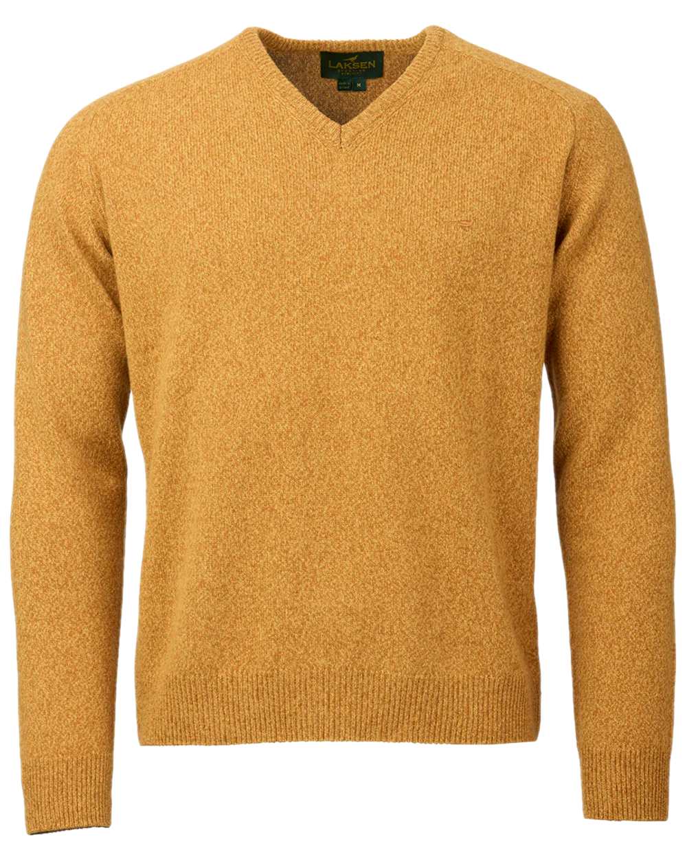 Gorse Coloured Laksen Mens Trent V-Neck Lambswool Sweater on white background #colour_gorse