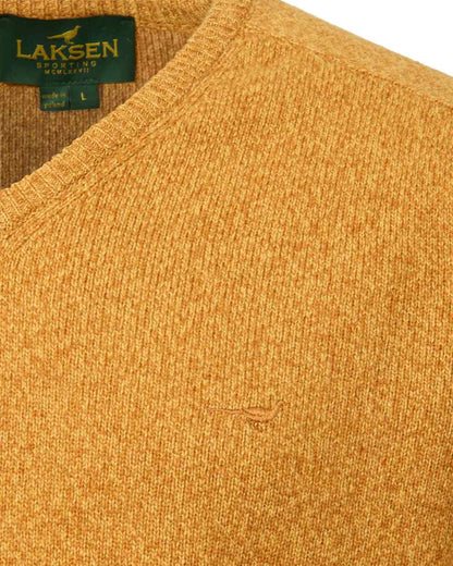 Gorse Coloured Laksen Mens Trent V-Neck Lambswool Sweater on white background #colour_gorse