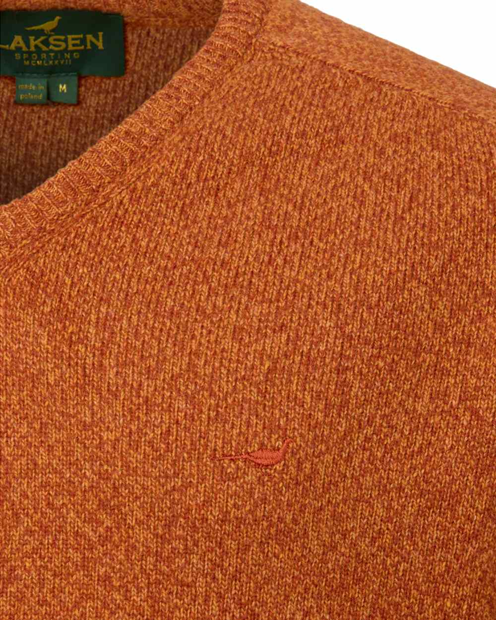 Terra Coloured Laksen Mens Trent V-Neck Lambswool Sweater on white background #colour_terra