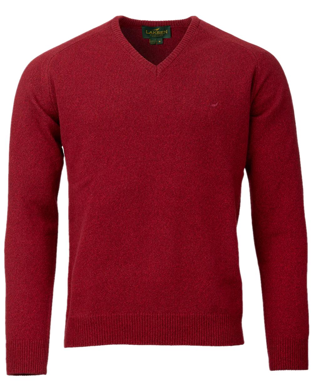 Wine Coloured Laksen Mens Trent V-Neck Lambswool Sweater on white background #colour_wine