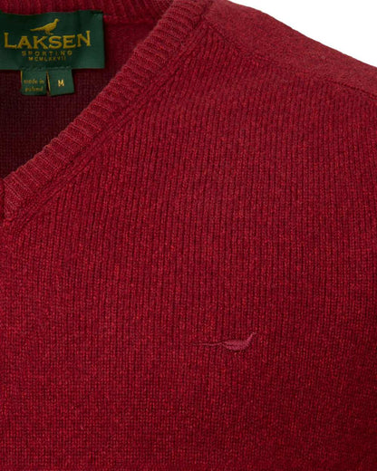 Wine Coloured Laksen Mens Trent V-Neck Lambswool Sweater on white background #colour_wine