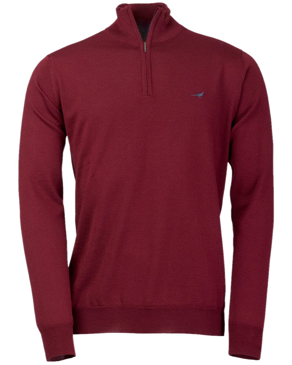 Bordeaux Coloured Laksen Norfolk Zip Neck Merino Sweater on white background #colour_bordeaux