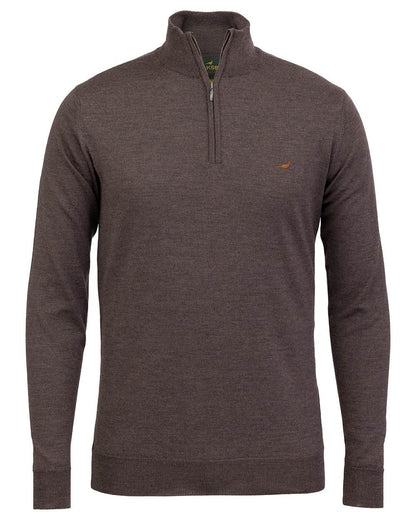 Chocolate Coloured Laksen Norfolk Zip Neck Merino Sweater on white background #colour_chocolate