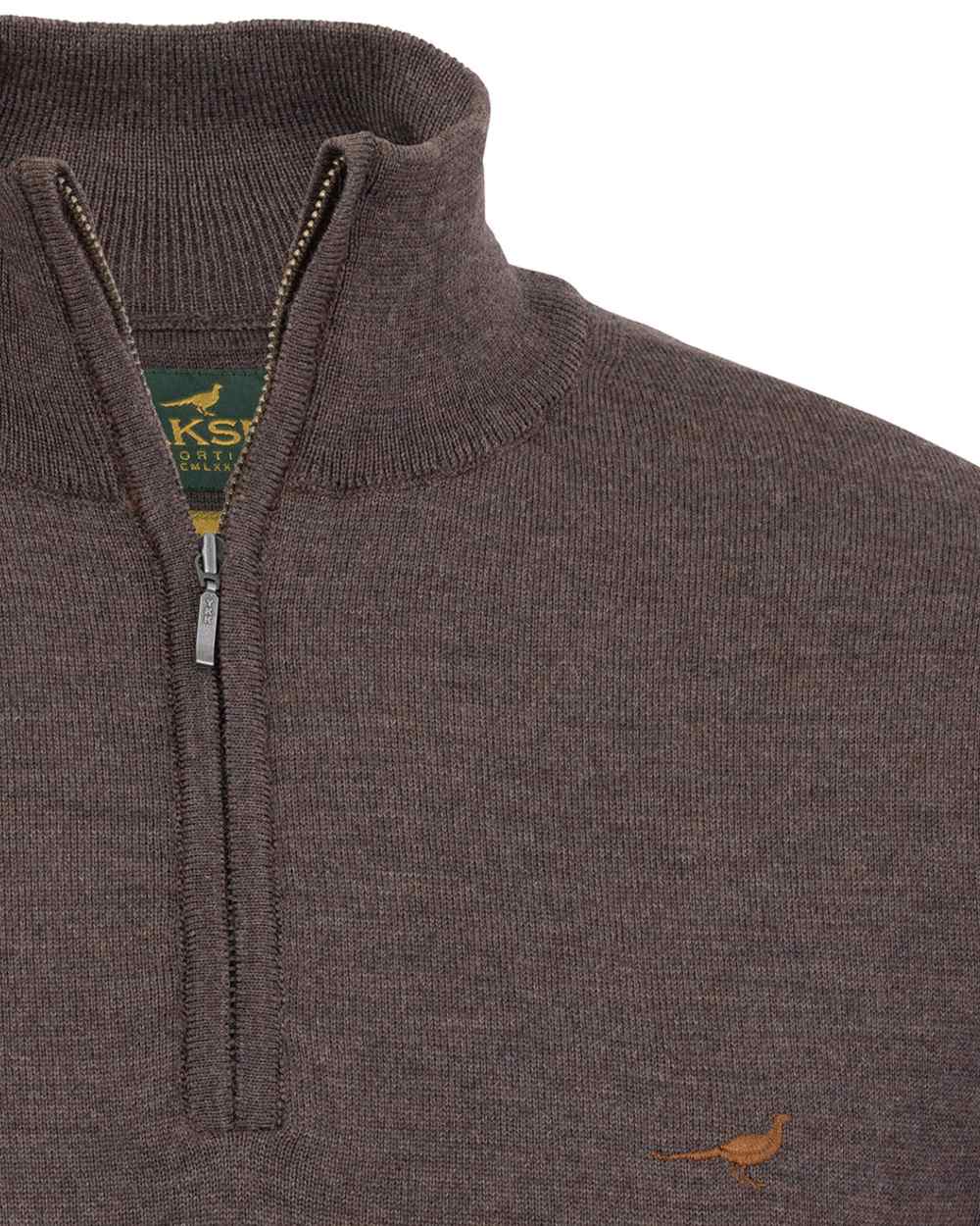 Chocolate Coloured Laksen Norfolk Zip Neck Merino Sweater on white background #colour_chocolate