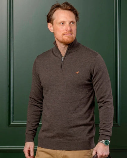 Chocolate Coloured Laksen Norfolk Zip Neck Merino Sweater on indoor background #colour_chocolate