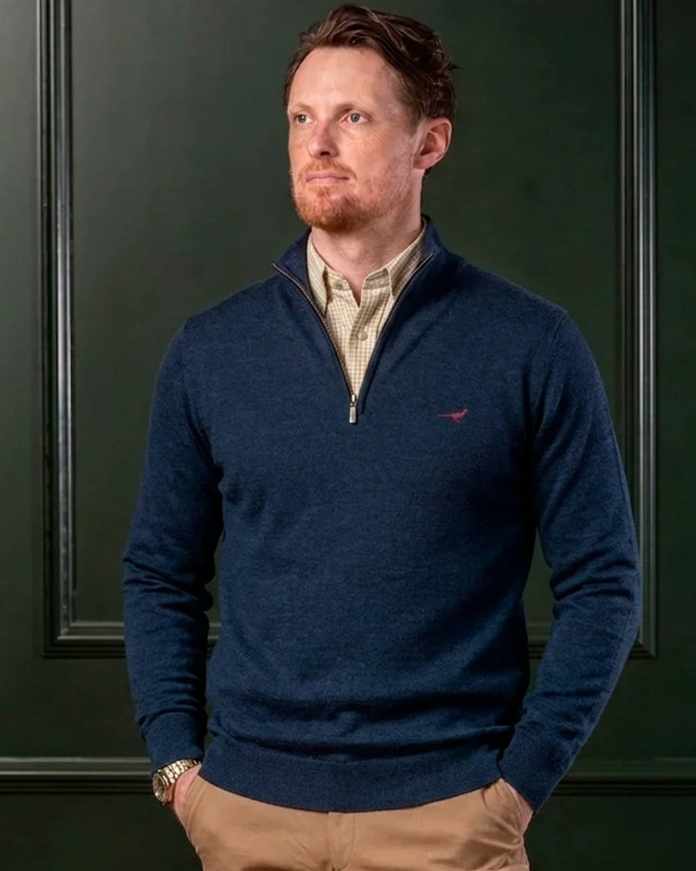 Chocolate Coloured Laksen Norfolk Zip Neck Merino Sweater on indoor background #colour_chocolate