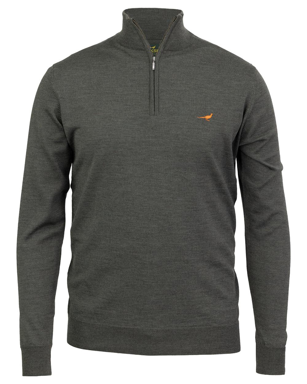 Loden Green Coloured Laksen Norfolk Zip Neck Merino Sweater on white background #colour_loden-green