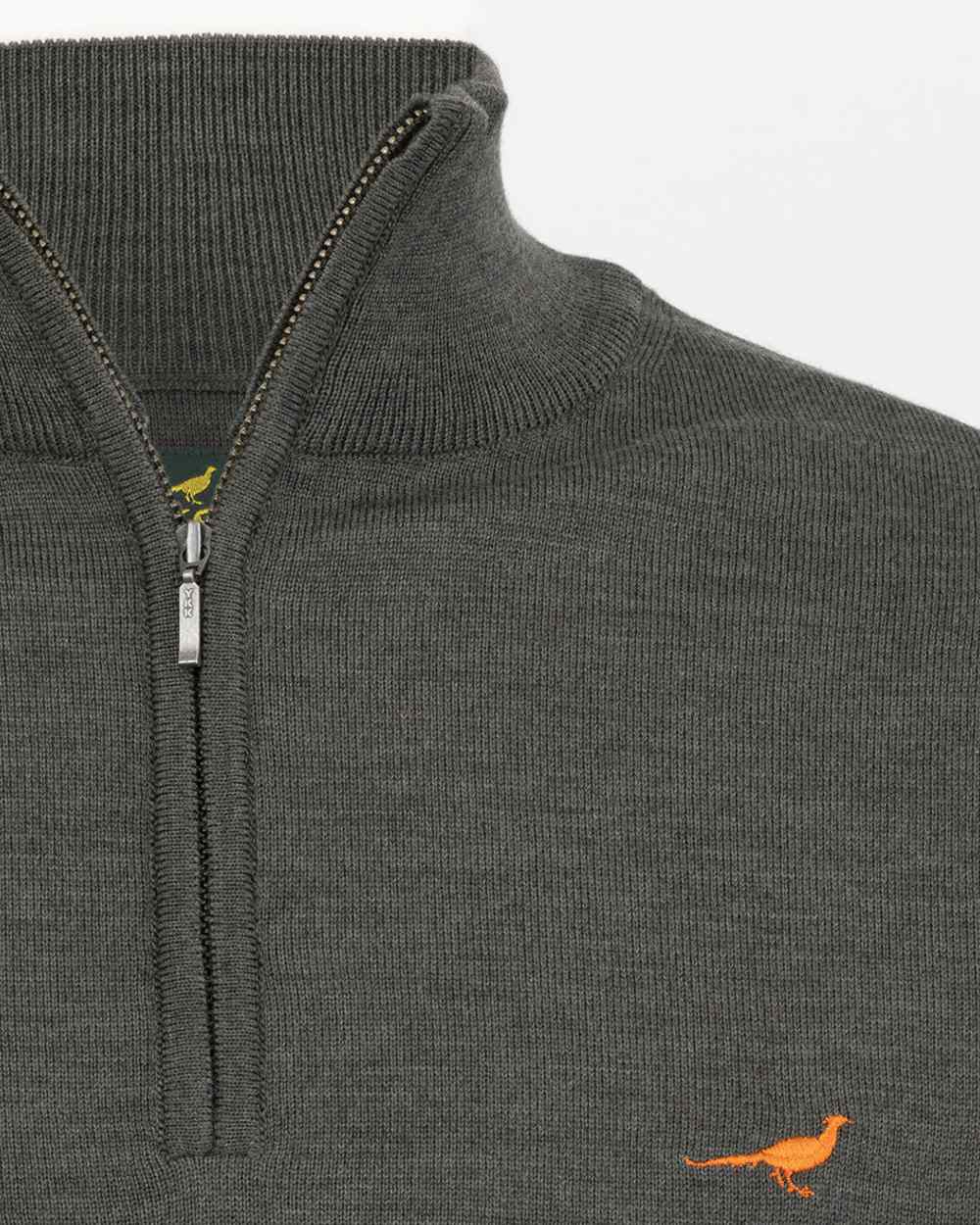 Loden Green Coloured Laksen Norfolk Zip Neck Merino Sweater on white background #colour_loden-green