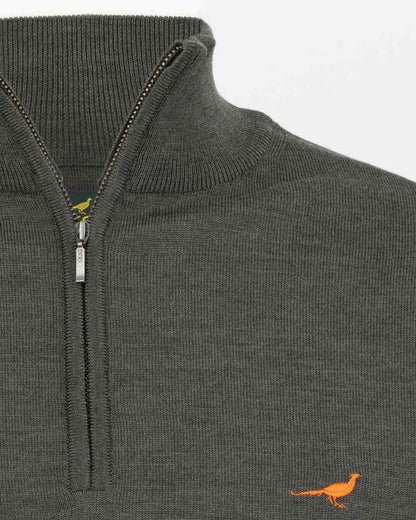 Loden Green Coloured Laksen Norfolk Zip Neck Merino Sweater on white background #colour_loden-green