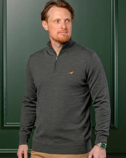 Loden Green Coloured Laksen Norfolk Zip Neck Merino Sweater on indoor background #colour_loden-green