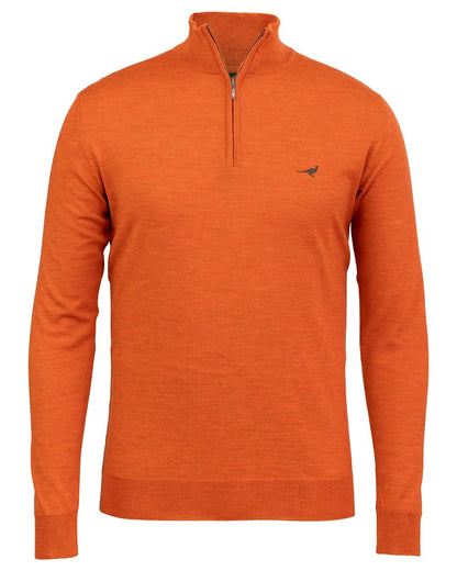 Orange Coloured Laksen Norfolk Zip Neck Merino Sweater on white background #colour_orange