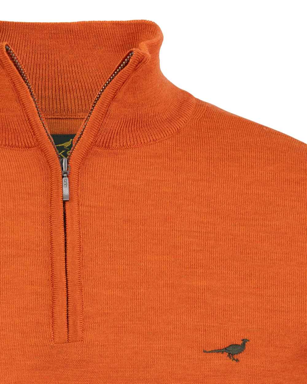 Orange Coloured Laksen Norfolk Zip Neck Merino Sweater on white background #colour_orange