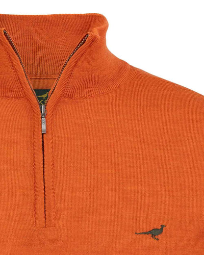 Orange Coloured Laksen Norfolk Zip Neck Merino Sweater on white background #colour_orange