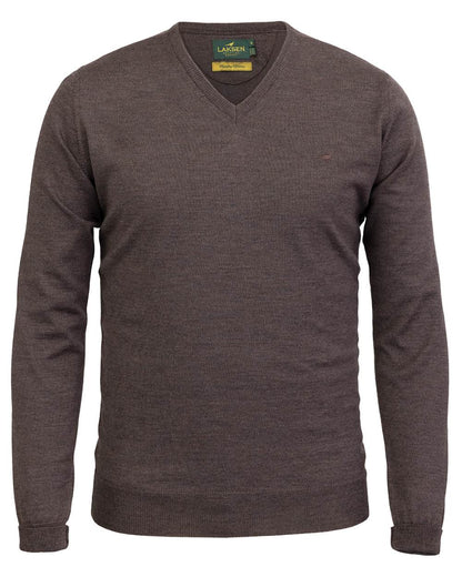 Chocolate Coloured Laksen Sussex V-Neck Sweater on white background #colour_chocolate
