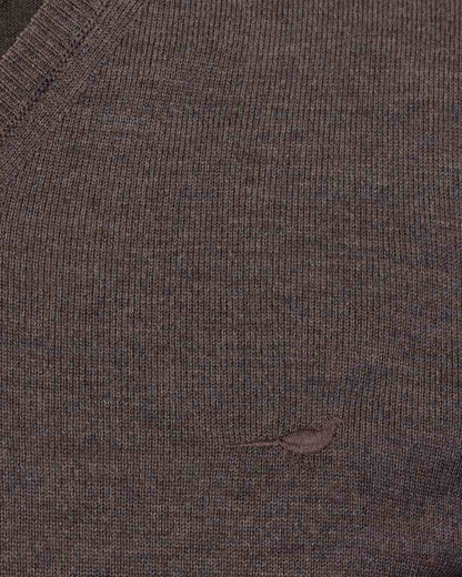 Chocolate Coloured Laksen Sussex V-Neck Sweater on white background #colour_chocolate