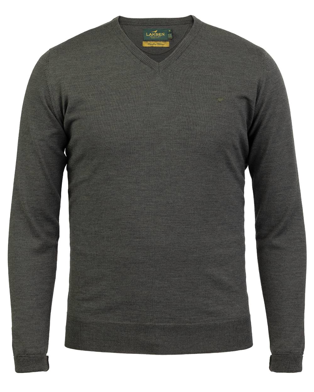 Loden Green Coloured Laksen Sussex V-Neck Sweater on white background #colour_loden-green