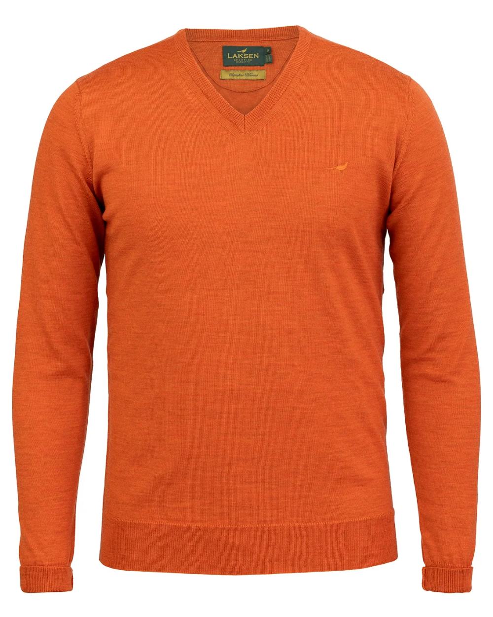 Orange Coloured Laksen Sussex V-Neck Sweater on white background #colour_orange
