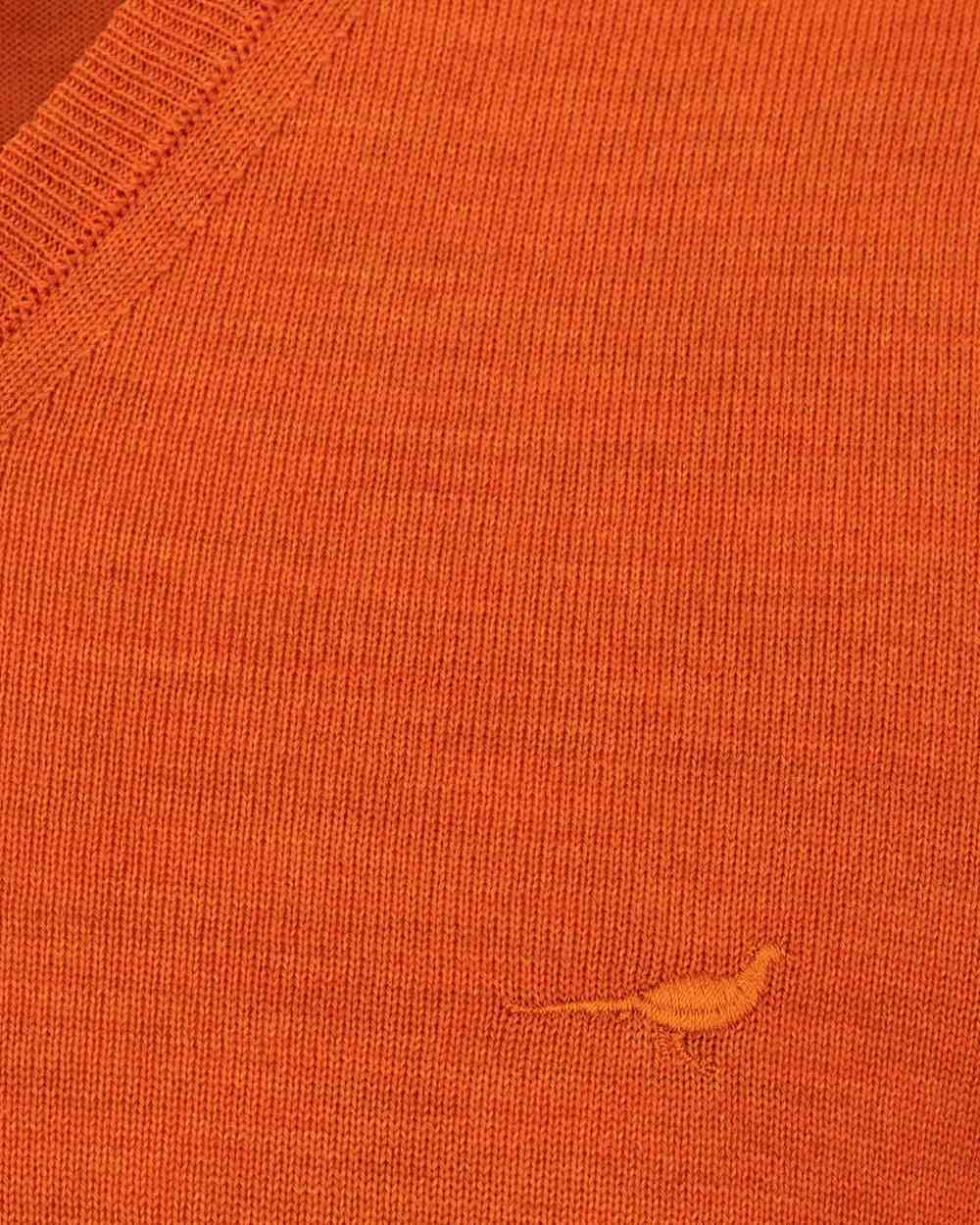 Orange Coloured Laksen Sussex V-Neck Sweater on white background #colour_orange