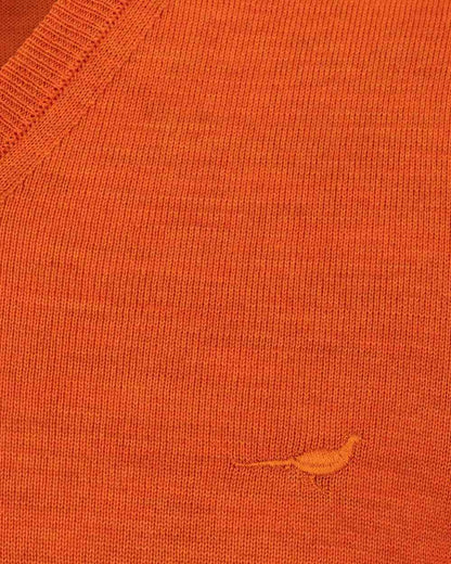Orange Coloured Laksen Sussex V-Neck Sweater on white background #colour_orange