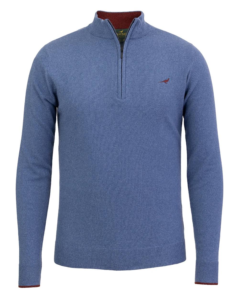 Loch Blue Coloured Laksen Brompton Zip Neck Sweater on white background #colour_loch blue