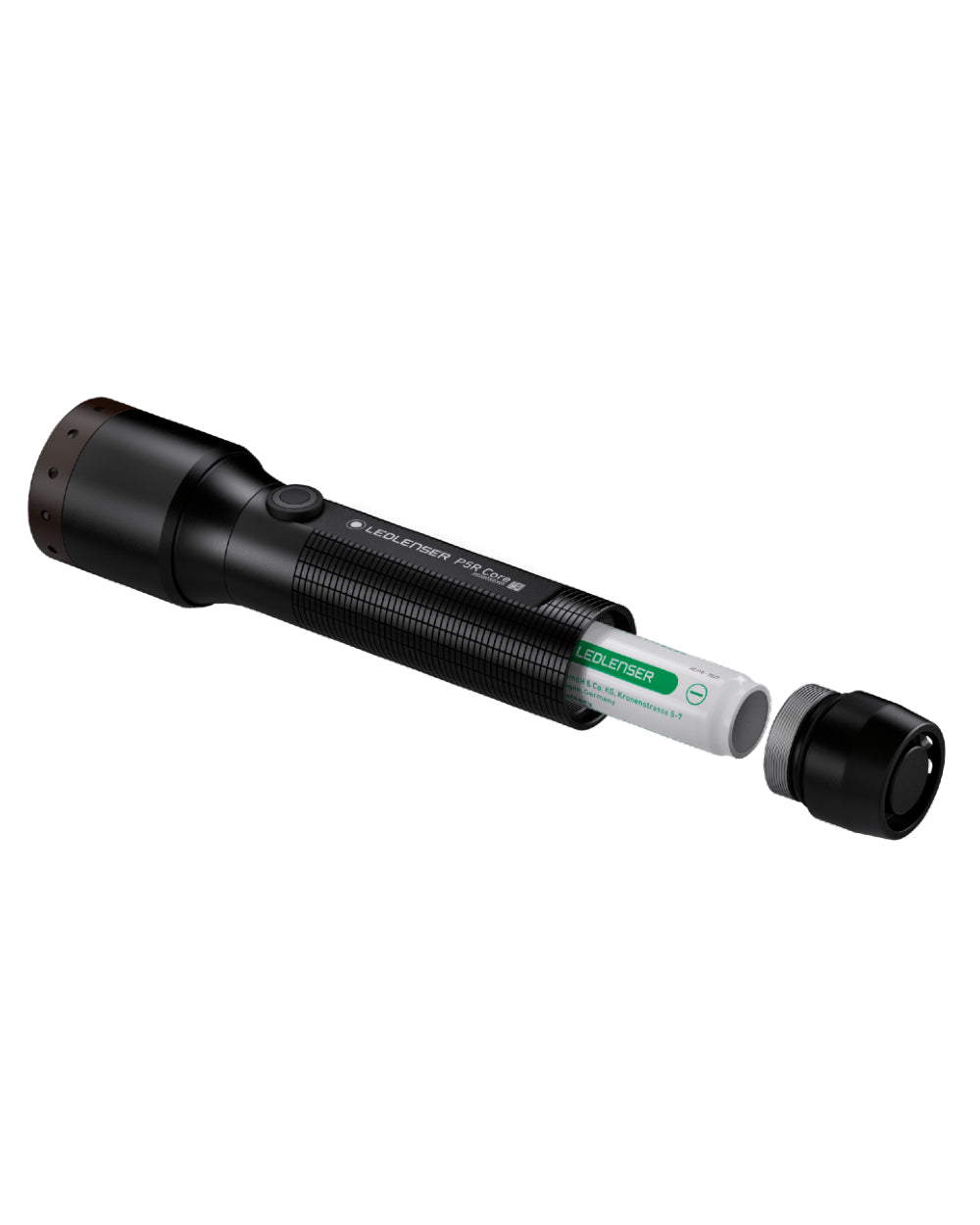 Black coloured Led Lenser P5R Core Rechargeable Torch on white background #colour_black