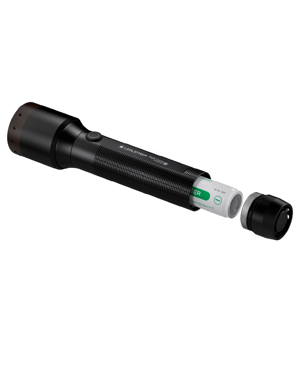 Black coloured Led Lenser P6R Core Rechargeable Torch on white background #colour_black