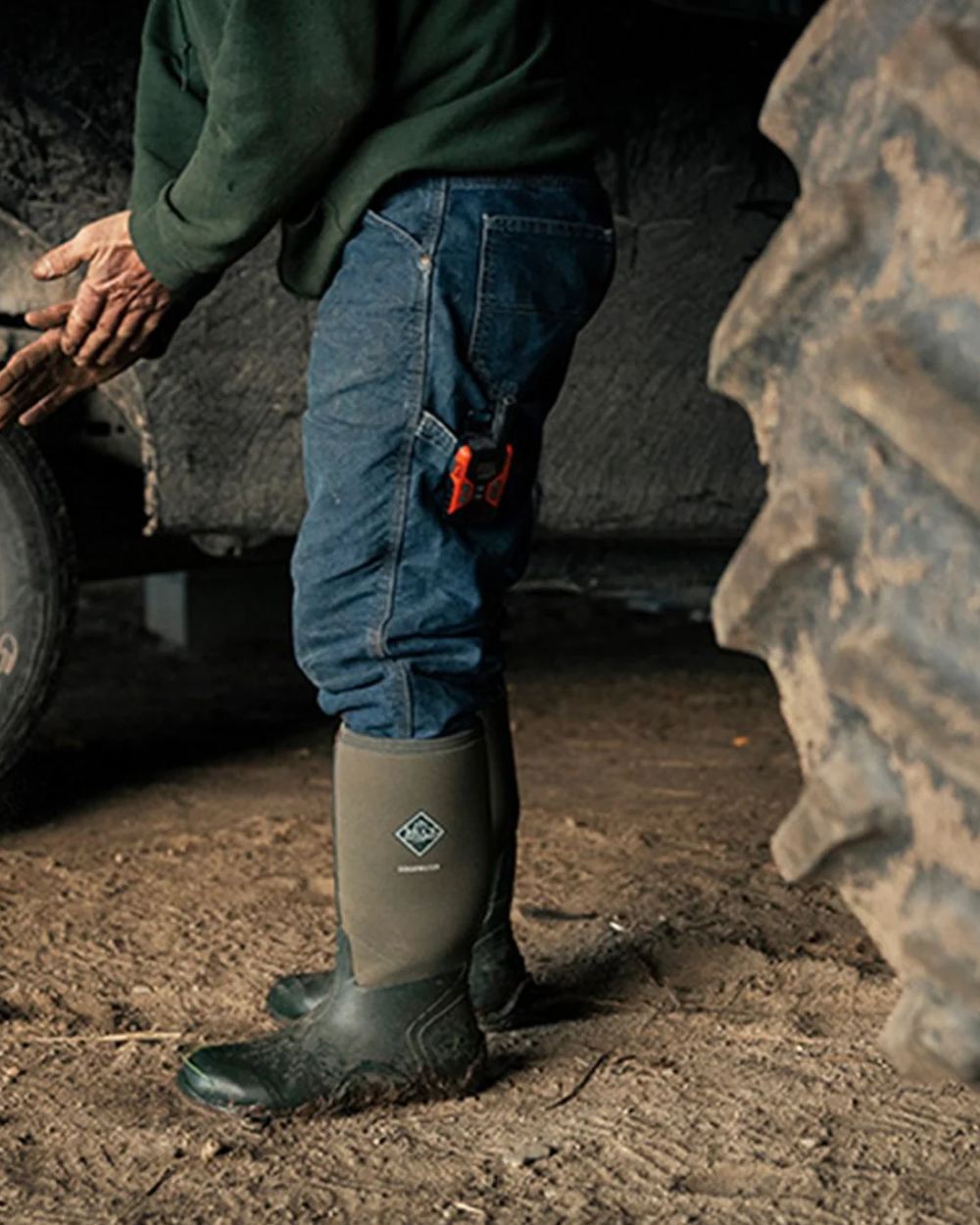 Moss Coloured Muck Boots Unisex Edgewater Classic Tall Boots On A Farm Background #colour_moss