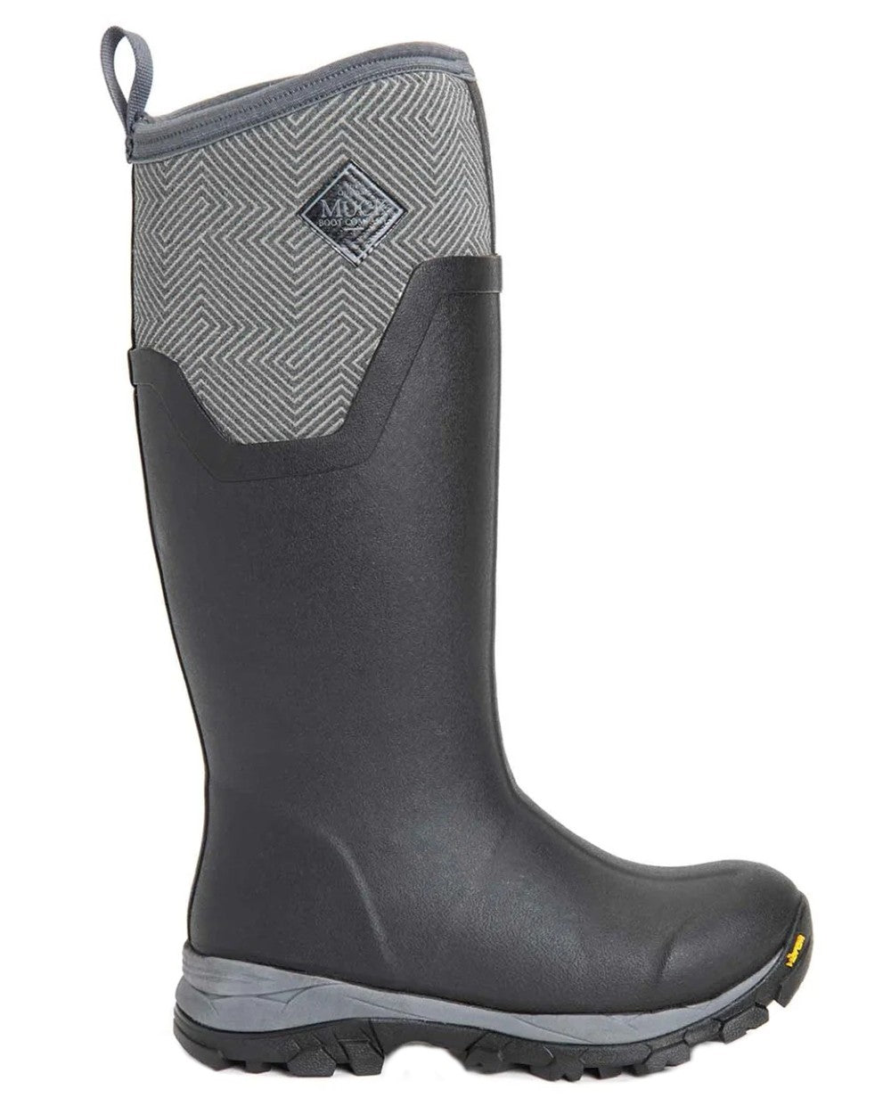 Black Grey Geometric coloured Muck Boots Womens Arctic Ice Tall Wellingtons on white background #colour_black-grey-geometric
