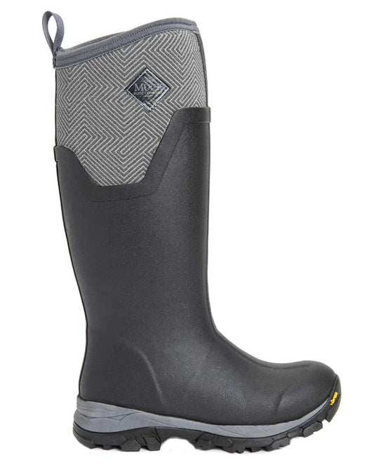 Black Grey Geometric coloured Muck Boots Womens Arctic Ice Tall Wellingtons on white background #colour_black-grey-geometric