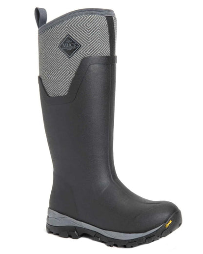Black Grey Geometric coloured Muck Boots Womens Arctic Ice Tall Wellingtons on white background #colour_black-grey-geometric