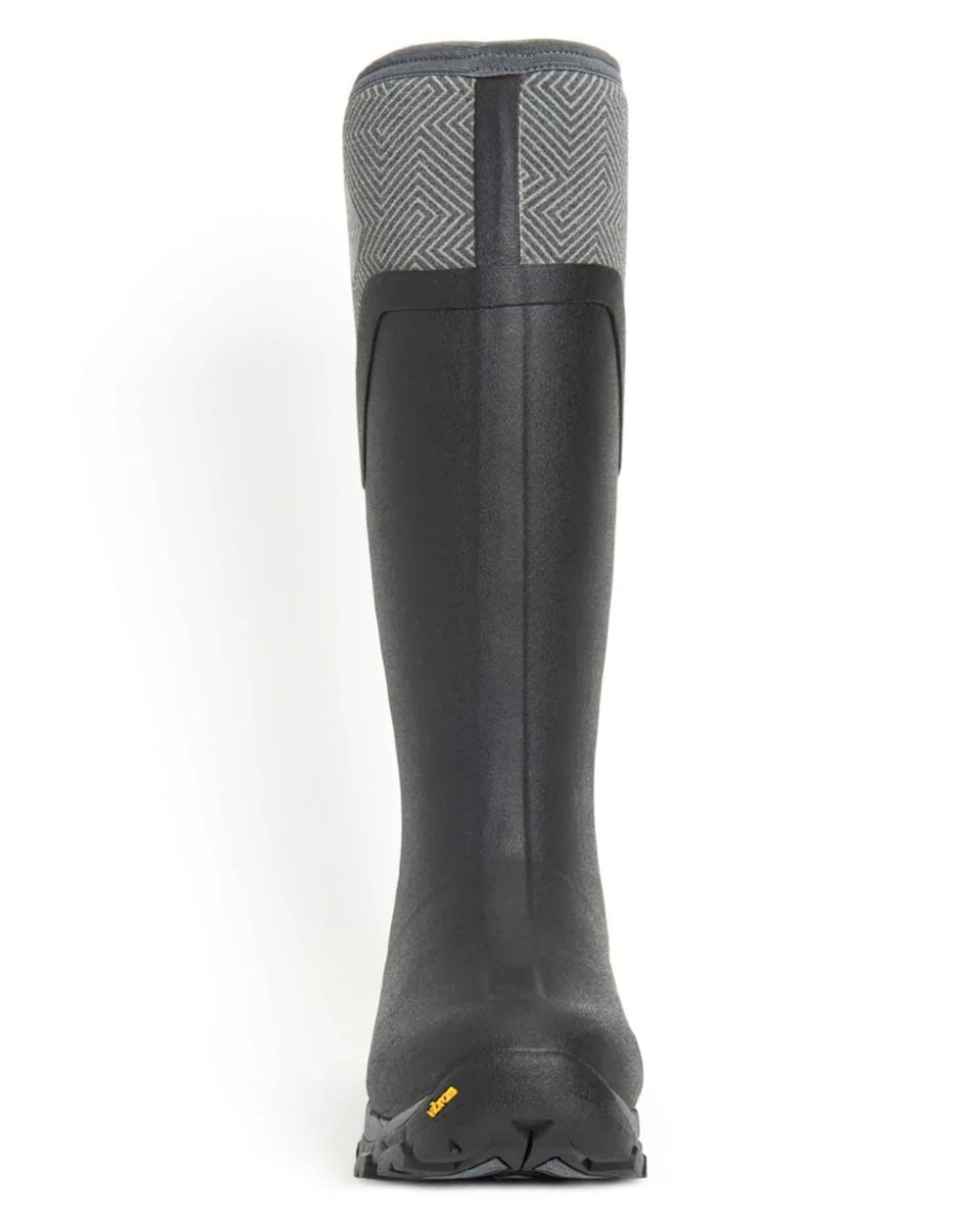Black Grey Geometric coloured Muck Boots Womens Arctic Ice Tall Wellingtons on white background #colour_black-grey-geometric