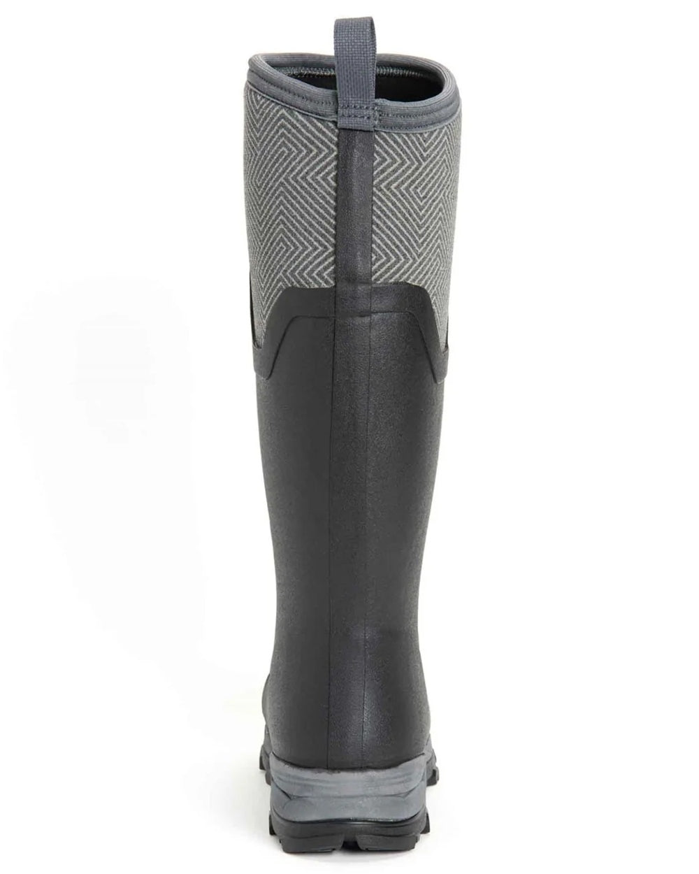 Black Grey Geometric coloured Muck Boots Womens Arctic Ice Tall Wellingtons on white background #colour_black-grey-geometric
