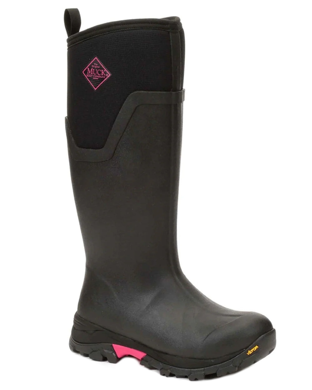 Black Hot Pink coloured Muck Boots Womens Arctic Ice Tall Wellingtons on white background #colour_black-hot-pink
