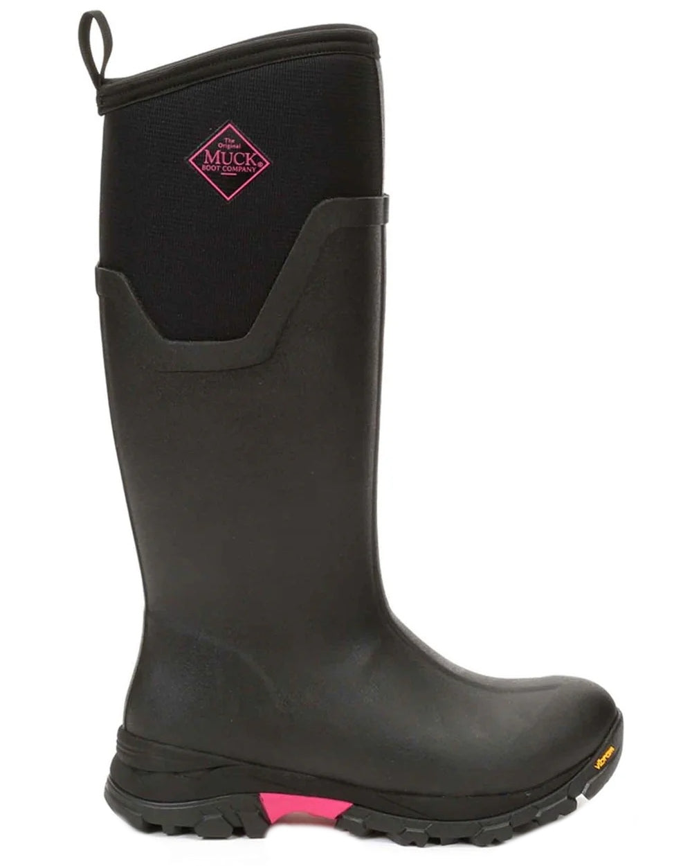Black Hot Pink coloured Muck Boots Womens Arctic Ice Tall Wellingtons on white background #colour_black-hot-pink