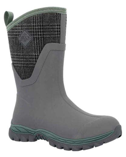 Grey Plaid Print Coloured Muck Boots Womens Arctic Sport II Mid Wellingtons on white background #colour_grey-plaid-print