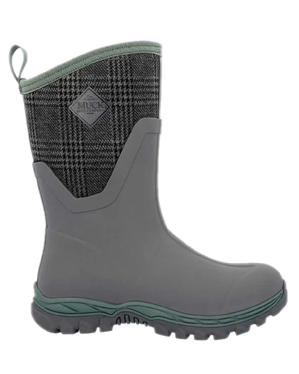 Grey Plaid Print Coloured Muck Boots Womens Arctic Sport II Mid Wellingtons on white background #colour_grey-plaid-print