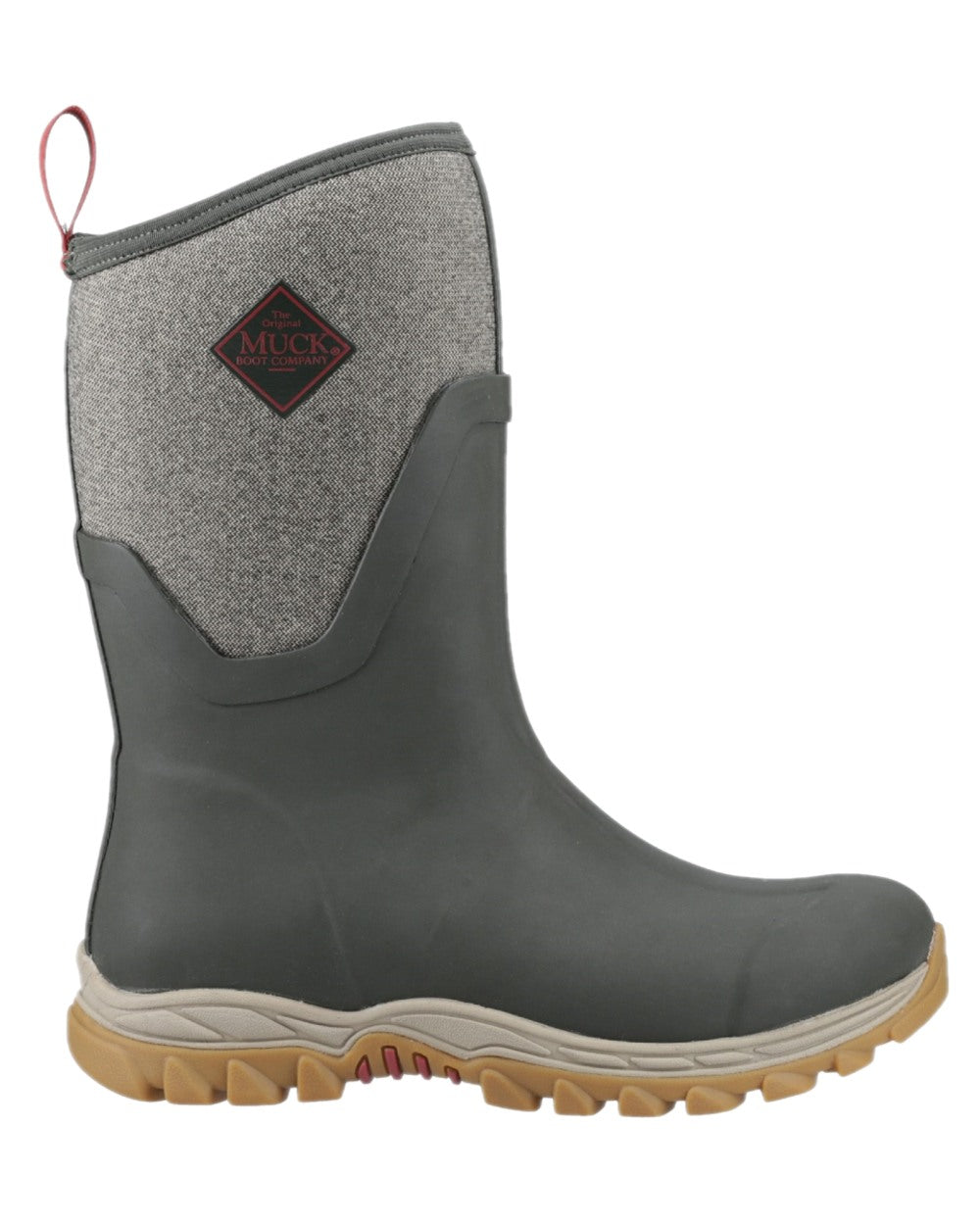 Olive Herringbone Print Coloured Muck Boots Womens Arctic Sport II Mid Wellingtons on white background #colour_olive-herringbone-print